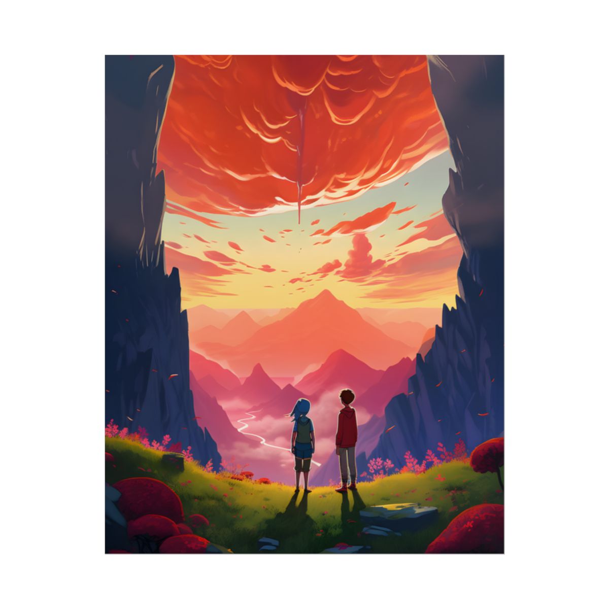 Happy Kids in a Cloudy Meadow: A Peaceful Scene - Poster