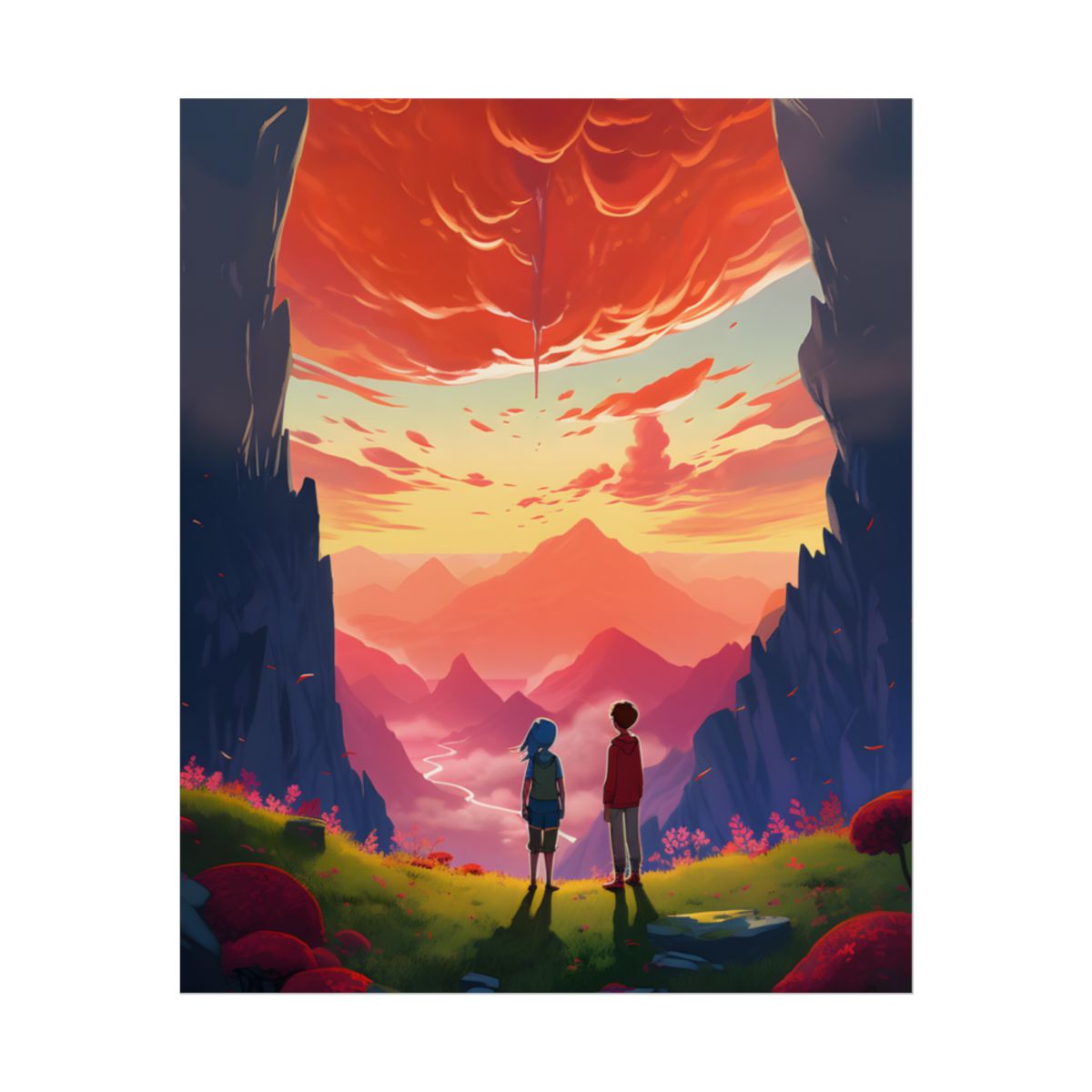 Happy Kids in a Cloudy Meadow: A Peaceful Scene - Poster