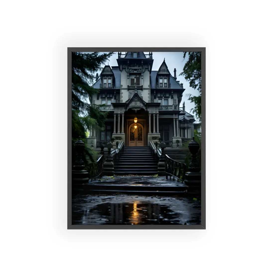 Haunted Victorian Mansion: Atmospheric Nighttime Scene Art - Framed Poster