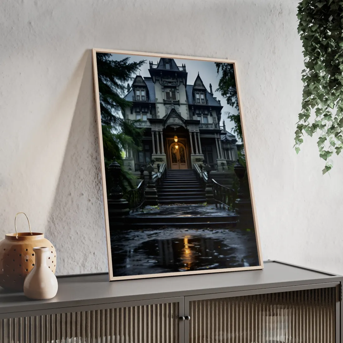 Haunted Victorian Mansion: Atmospheric Nighttime Scene Art - Framed Poster