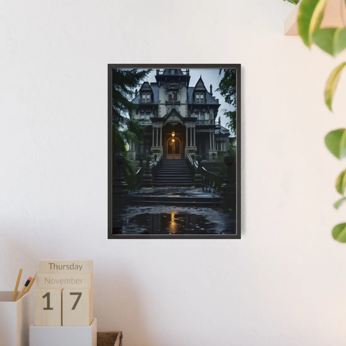 Haunted Victorian Mansion: Atmospheric Nighttime Scene Art - Framed Poster