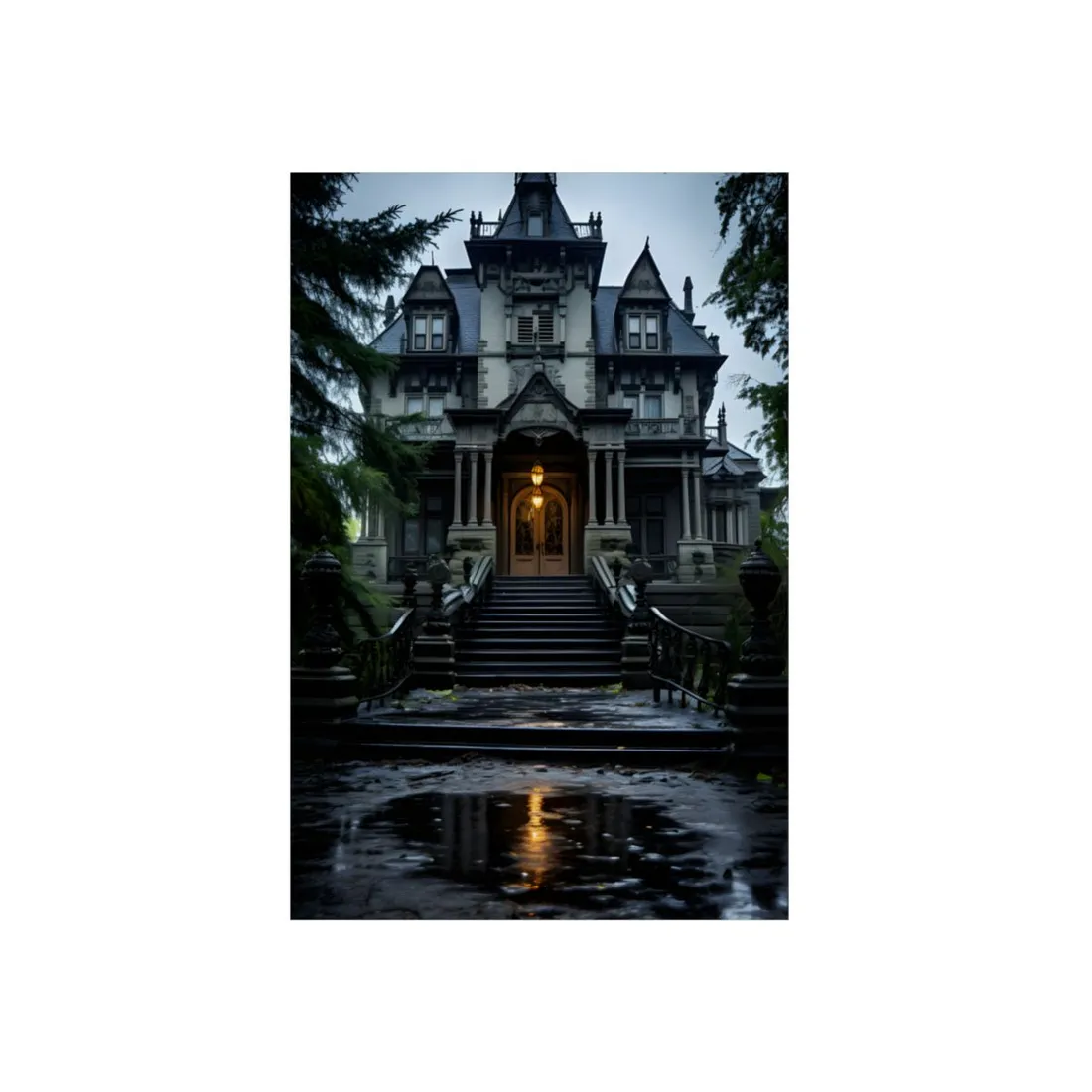 Haunted Victorian Mansion: Atmospheric Nighttime Scene Art - Metal Poster