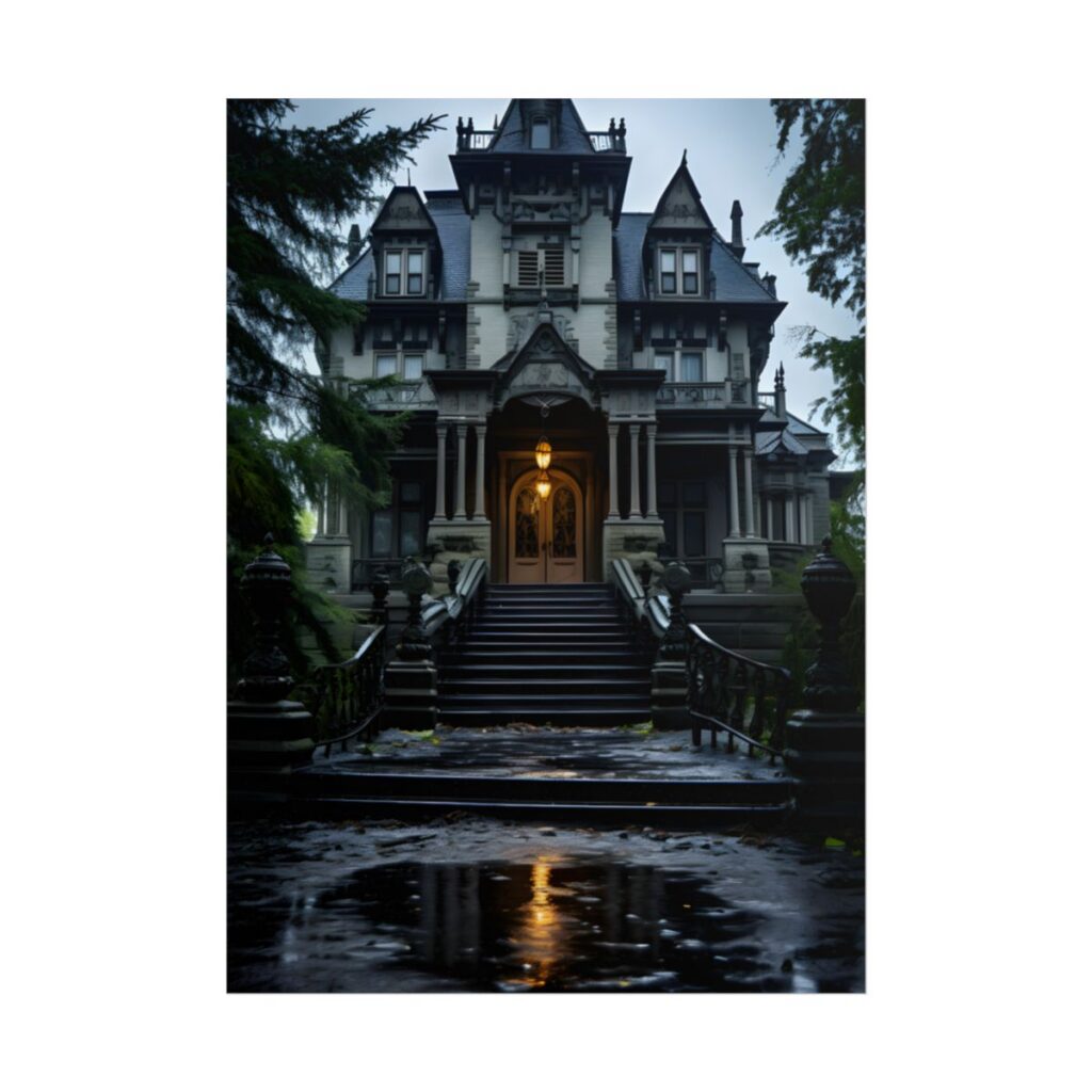 Haunted Victorian Mansion: Atmospheric Nighttime Scene Art - Poster
