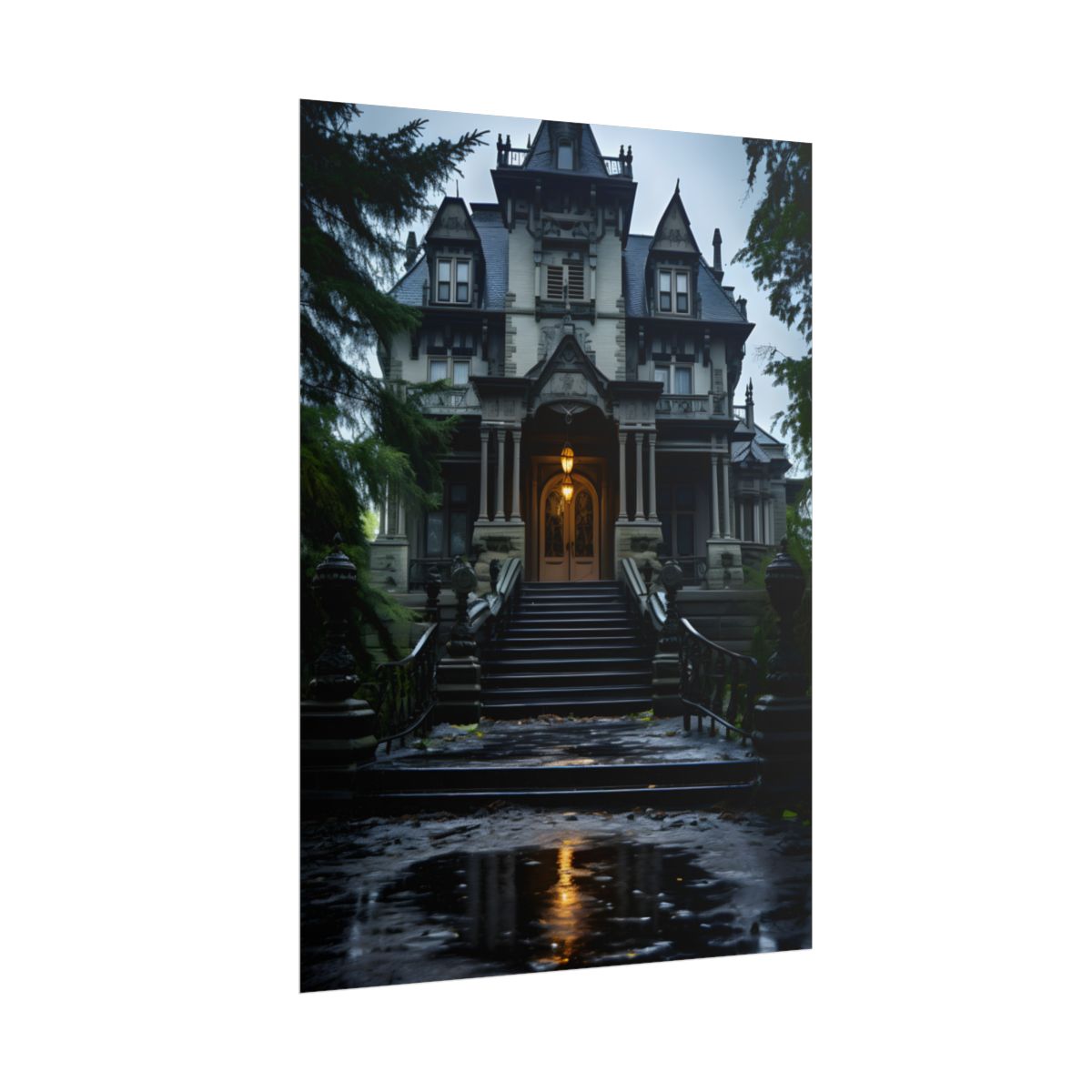 Haunted Victorian Mansion: Atmospheric Nighttime Scene Art - Poster