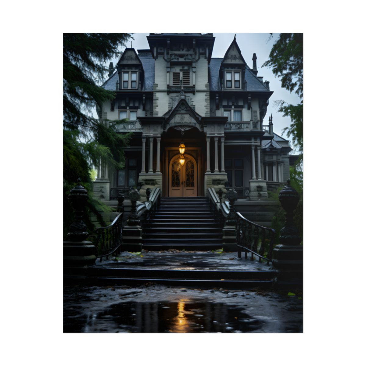 Haunted Victorian Mansion: Atmospheric Nighttime Scene Art - Poster