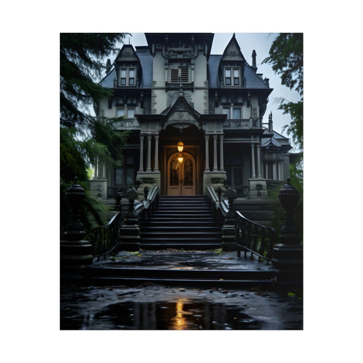 Haunted Victorian Mansion: Atmospheric Nighttime Scene Art - Poster