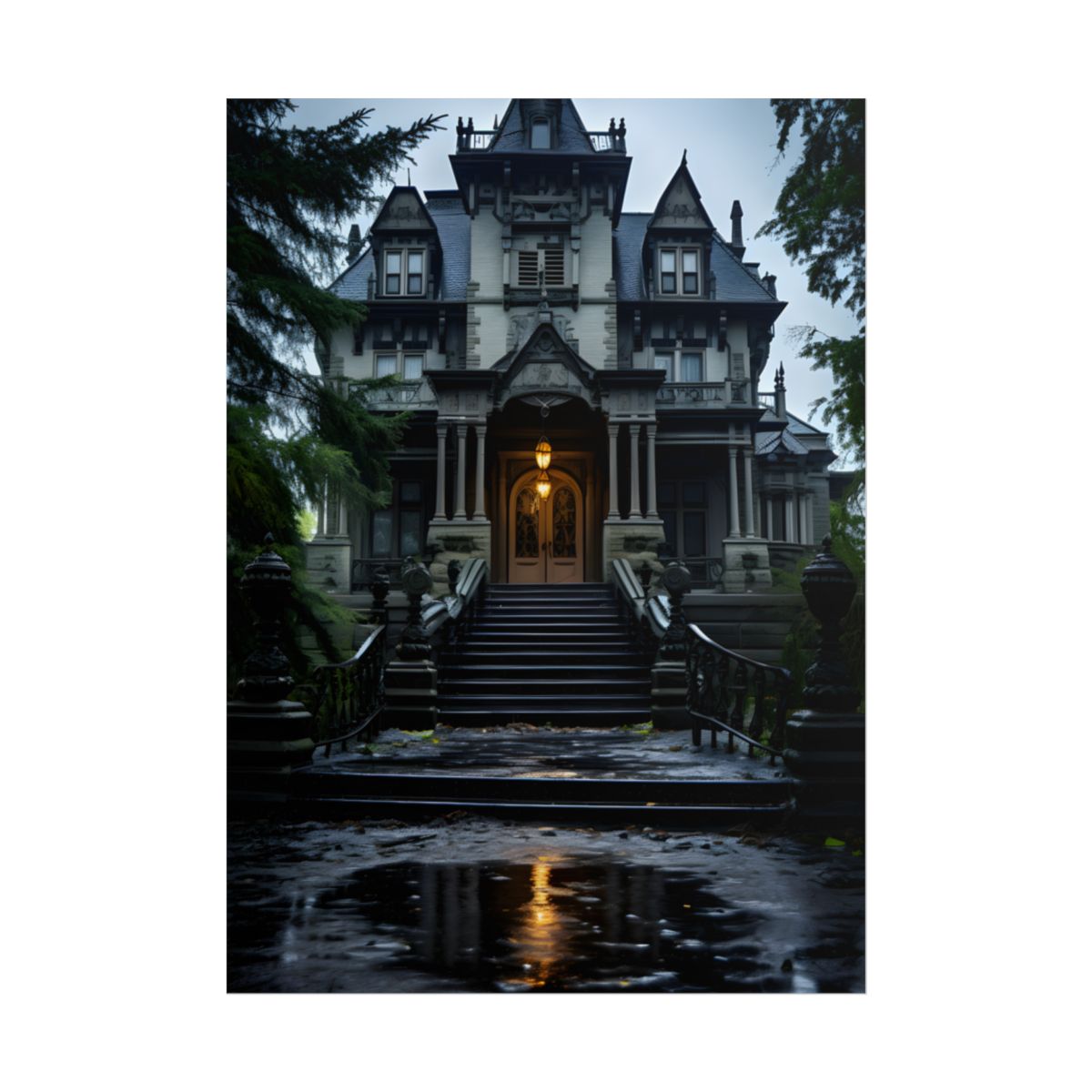 Haunted Victorian Mansion: Atmospheric Nighttime Scene Art - Poster