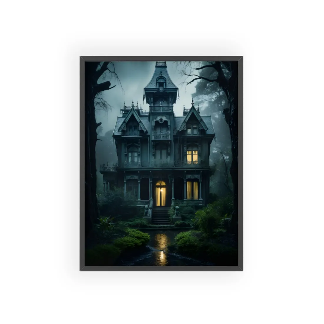 Haunted Victorian Mansion: Spooky Atmospheric Art - Framed Poster