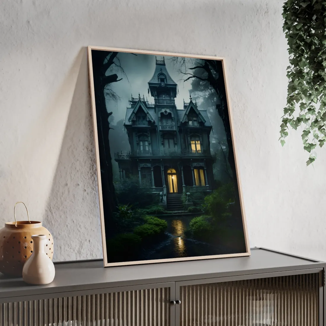 Haunted Victorian Mansion: Spooky Atmospheric Art - Framed Poster