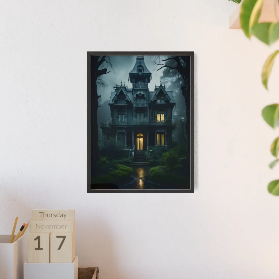 Haunted Victorian Mansion: Spooky Atmospheric Art - Framed Poster