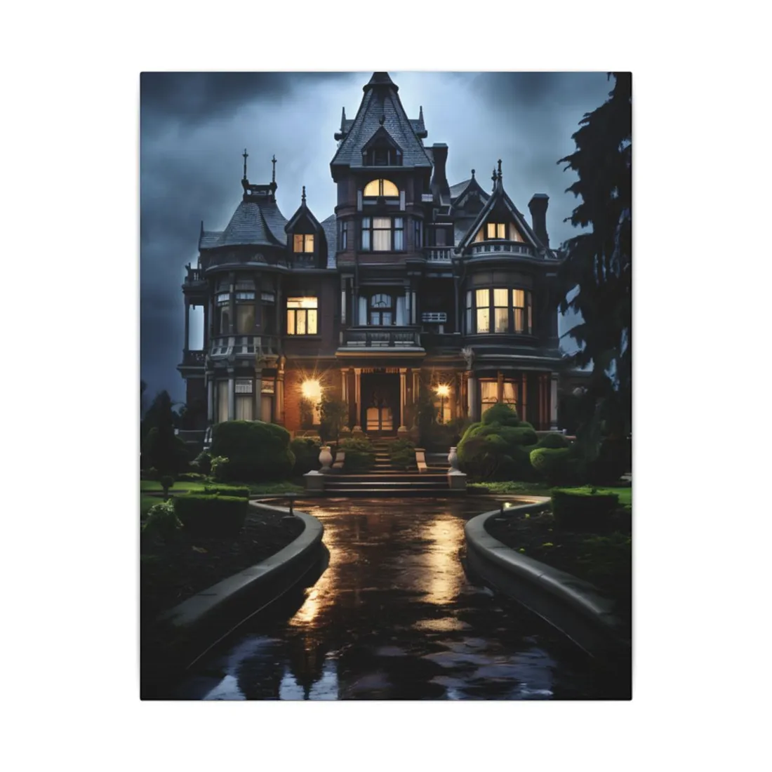 Haunted Victorian Mansion: Spooky Stormy Night Art - Canvas