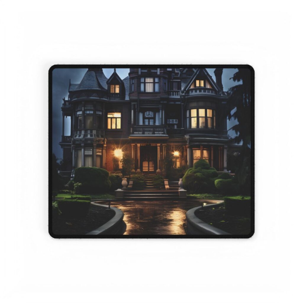 Haunted Victorian Mansion: Spooky Stormy Night Art - Desk Mat