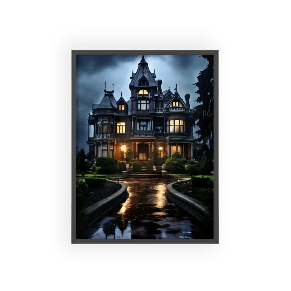 Haunted Victorian Mansion: Spooky Stormy Night Art - Framed Poster