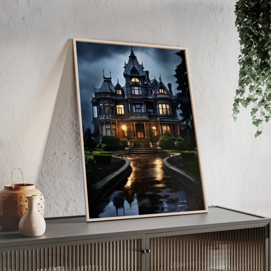 Haunted Victorian Mansion: Spooky Stormy Night Art - Framed Poster