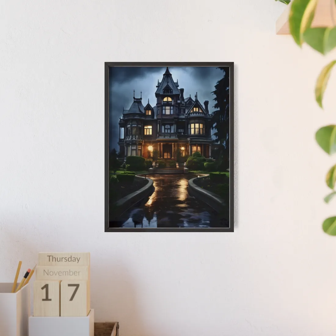 Haunted Victorian Mansion: Spooky Stormy Night Art - Framed Poster