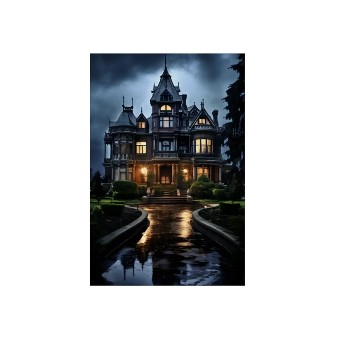 Haunted Victorian Mansion: Spooky Stormy Night Art - Metal Poster