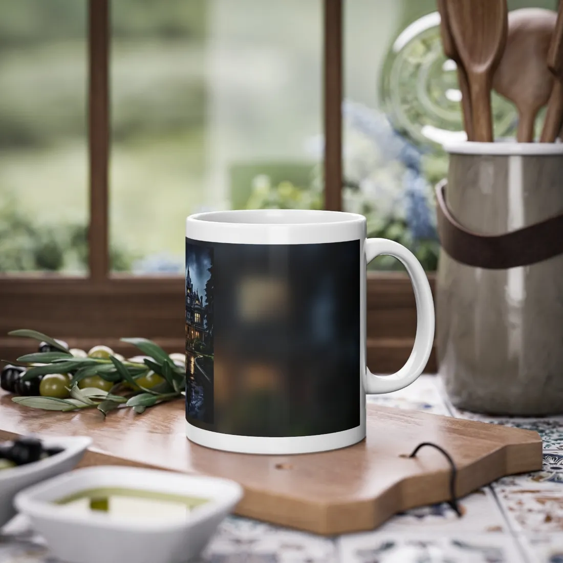 Haunted Victorian Mansion: Spooky Stormy Night Art - Mug