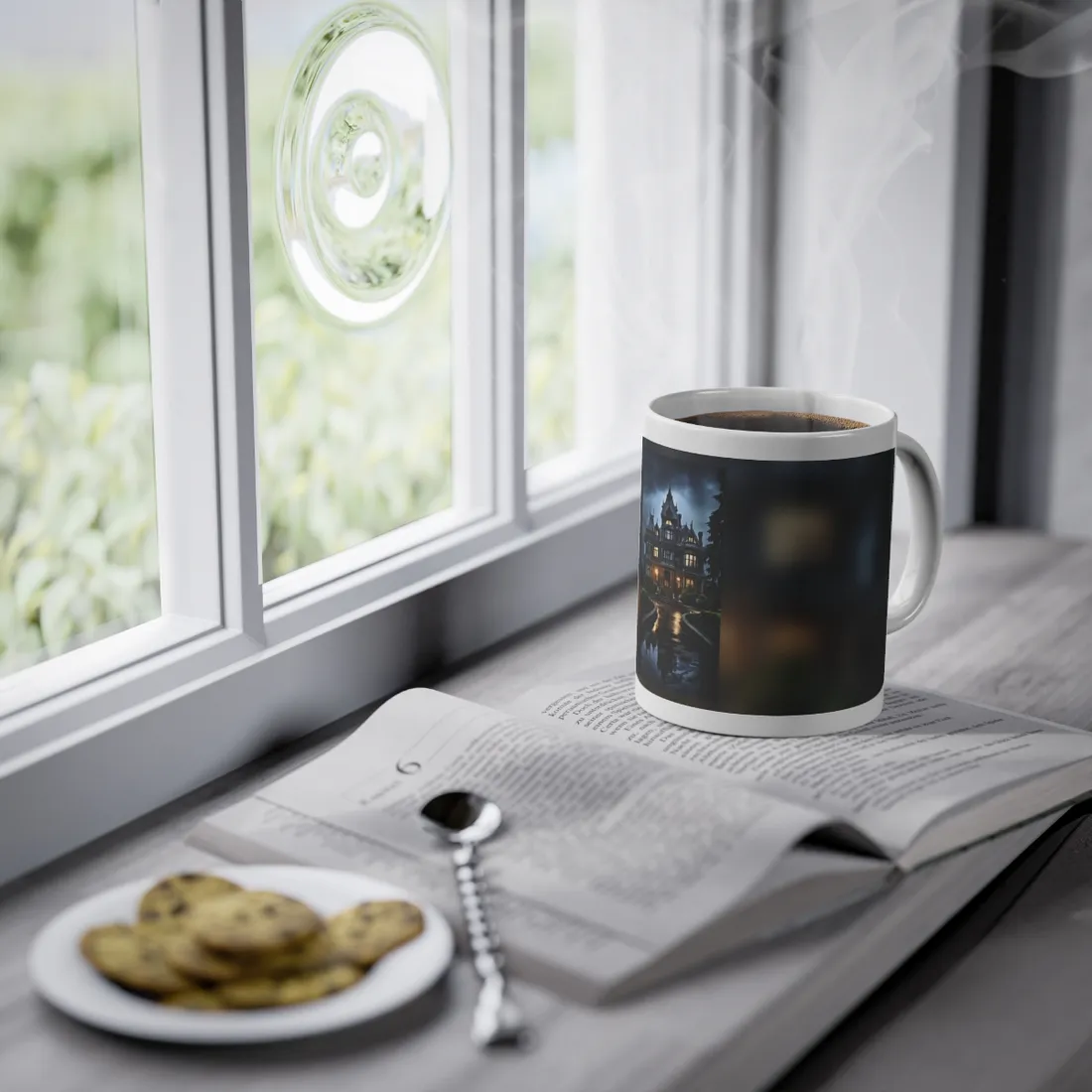 Haunted Victorian Mansion: Spooky Stormy Night Art - Mug