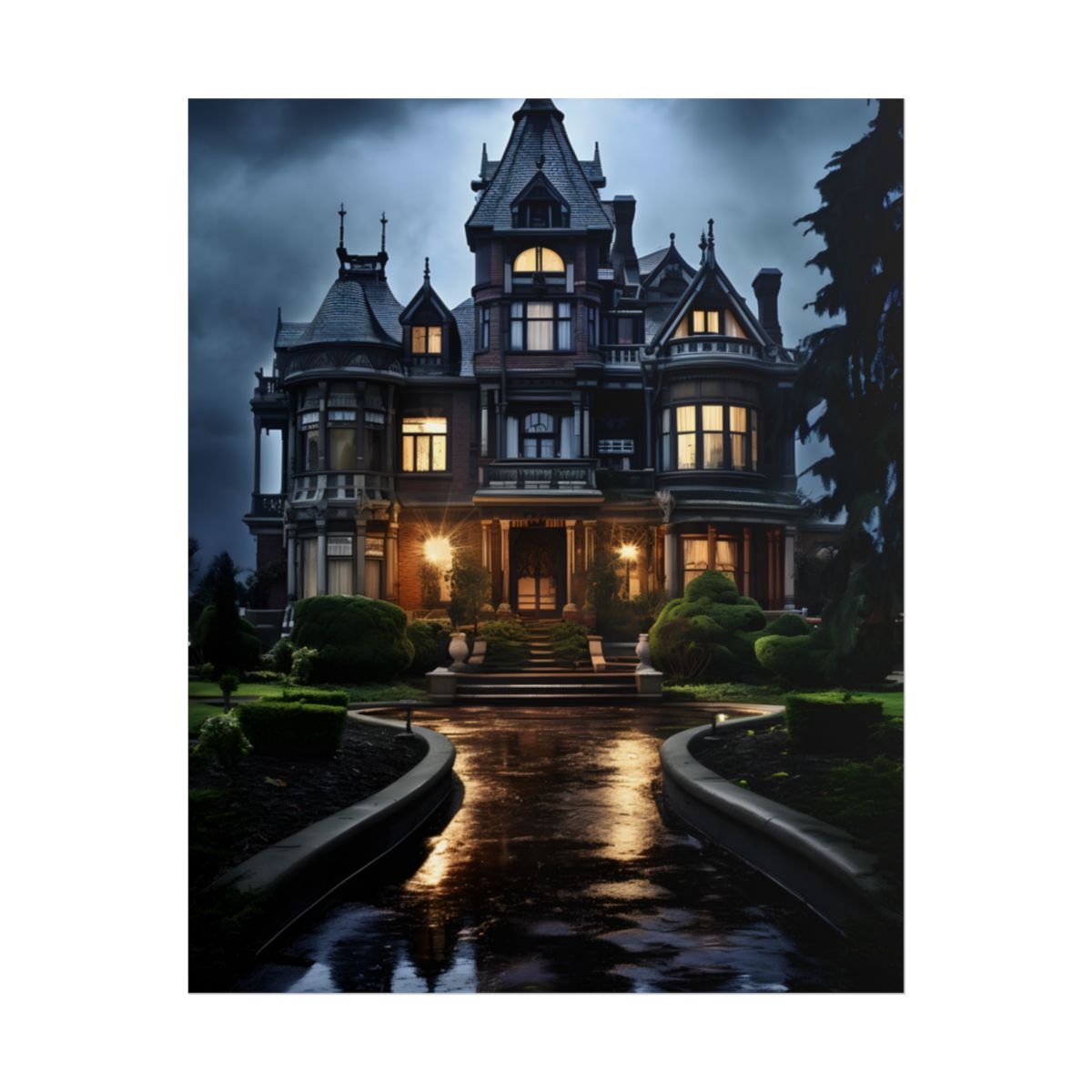 Haunted Victorian Mansion: Spooky Stormy Night Art - Poster