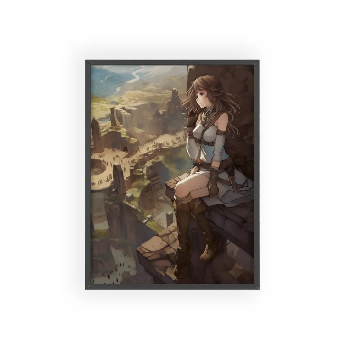 Heroic Bird's Eye View: A Detailed Anime Scene - Framed Poster