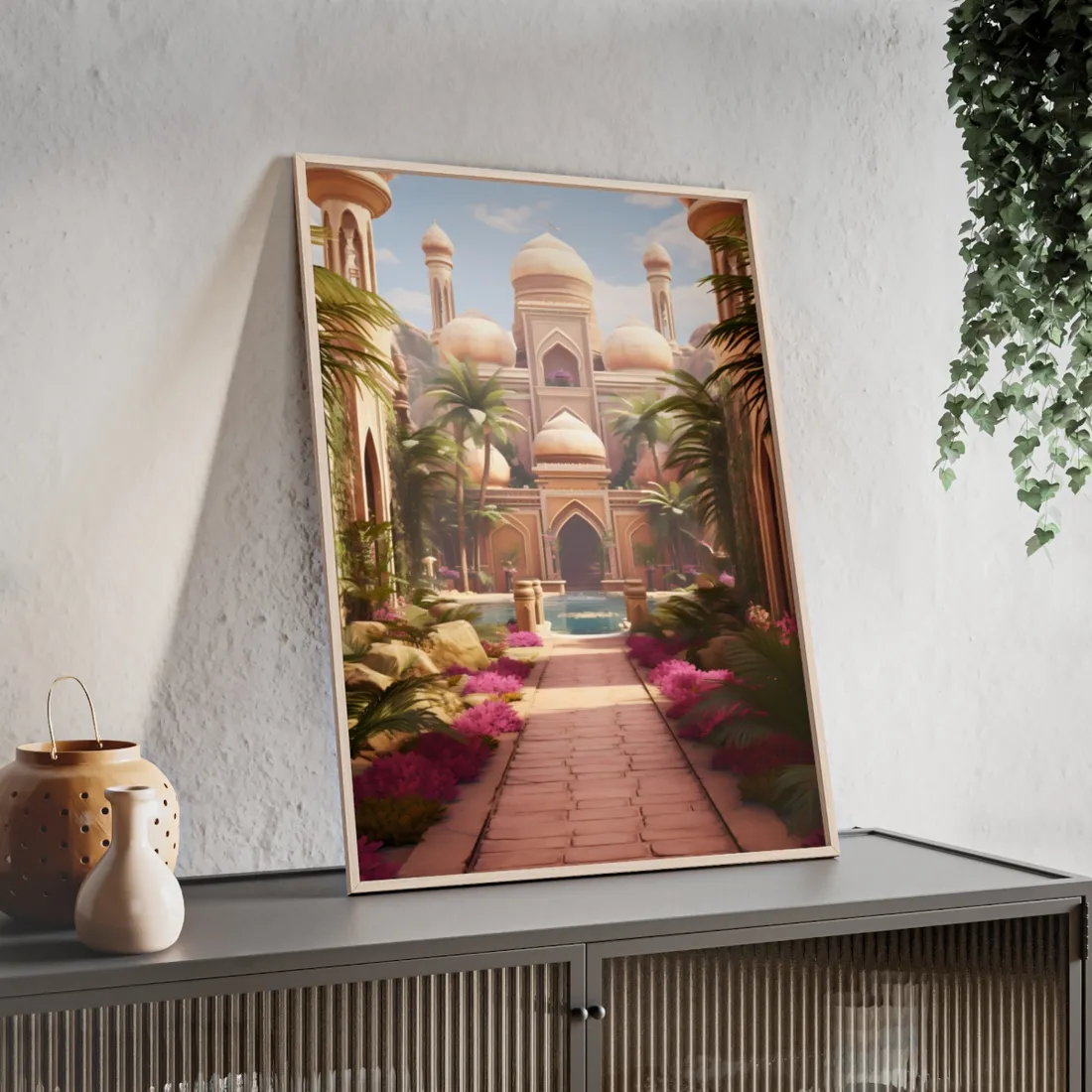 Hidden Arabian Desert Paradise: Serene Oasis Art - Framed Poster