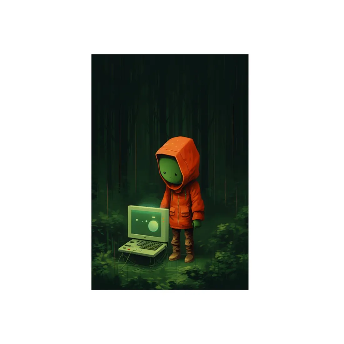 Hooded Forest Figure: Mysterious Character at Computer - Metal Poster