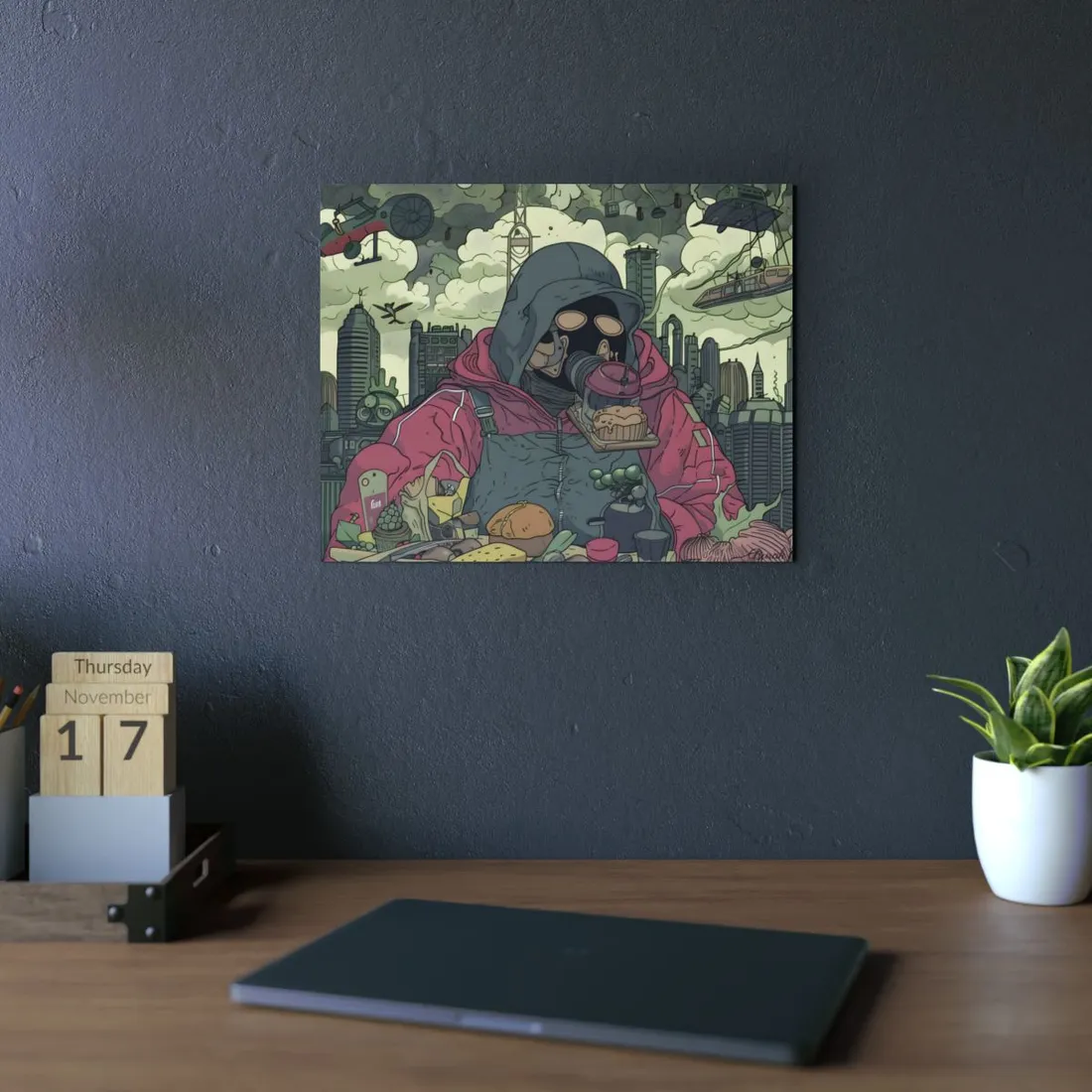 Hooded Skeletal Figure in Urban Scene: Dark - Metal Poster