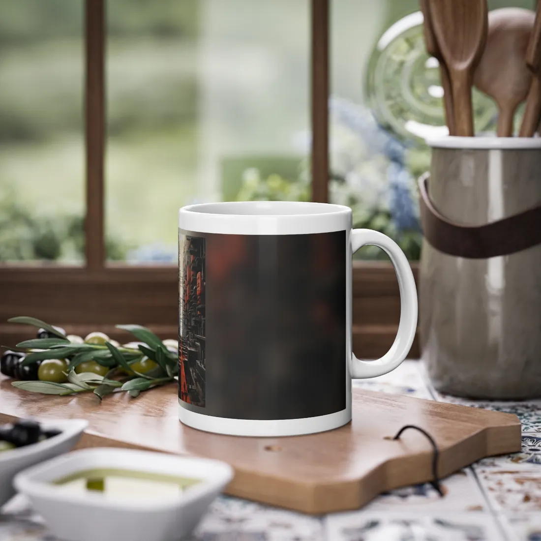 Stacked futuristic towers line a canyon, with small figures walking a red path – Mug, view 2