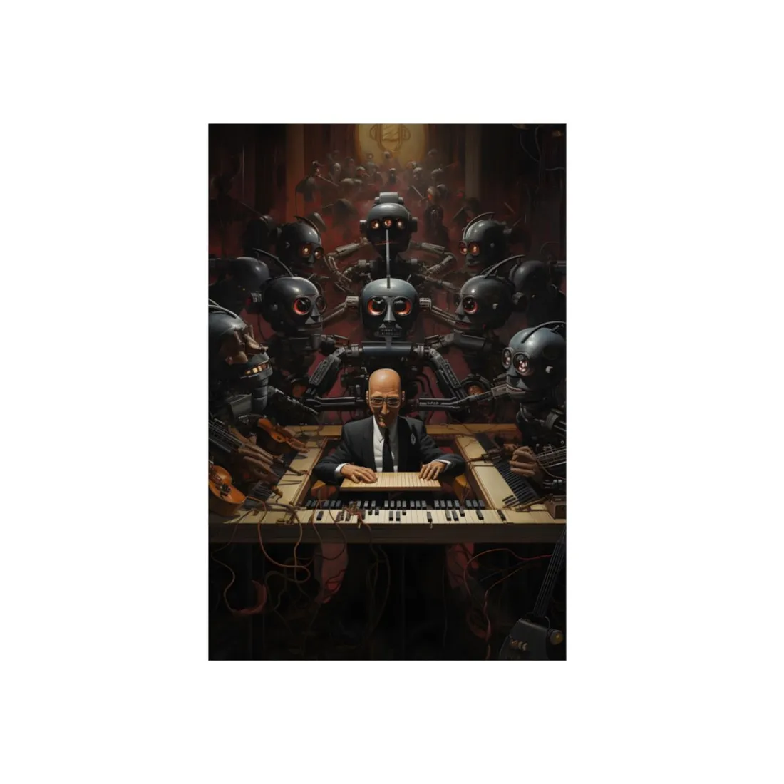 Human Pianist Among Robot Musicians: Red-Lit Stage - Metal Poster