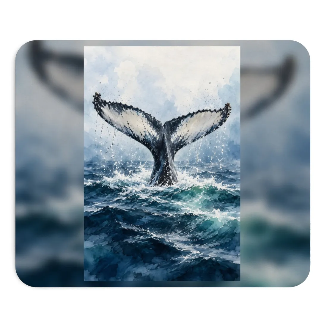 Watercolor painting of a whale tail rising above turquoise ocean waves, splashing spray – Mouse Pad, view 1