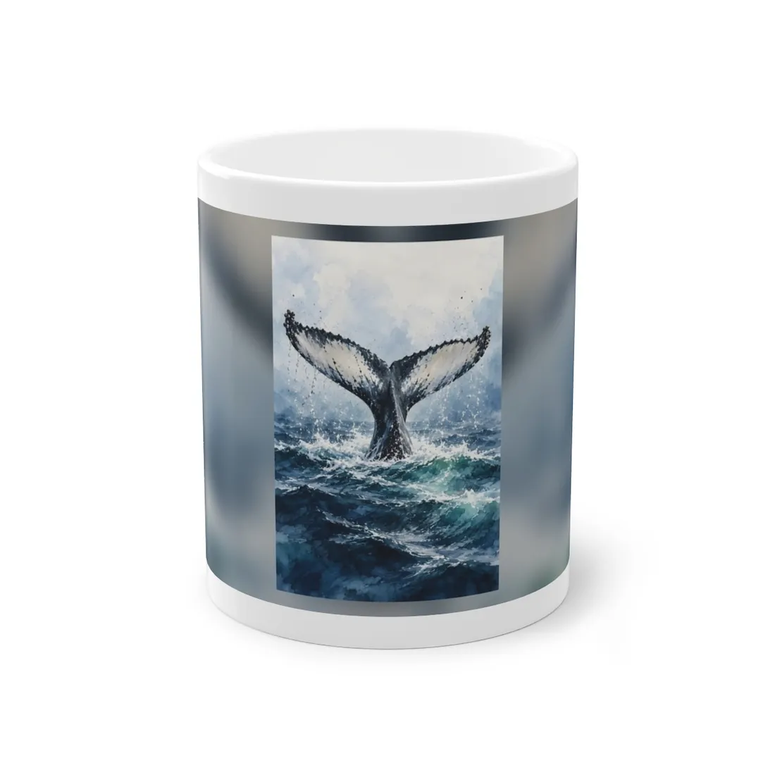 Watercolor painting of a whale tail rising above turquoise ocean waves, splashing spray – Mug, view 1