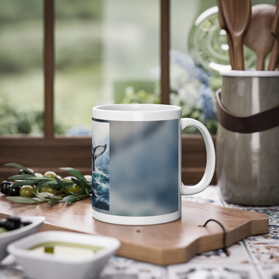 Watercolor painting of a whale tail rising above turquoise ocean waves, splashing spray – Mug, view 2