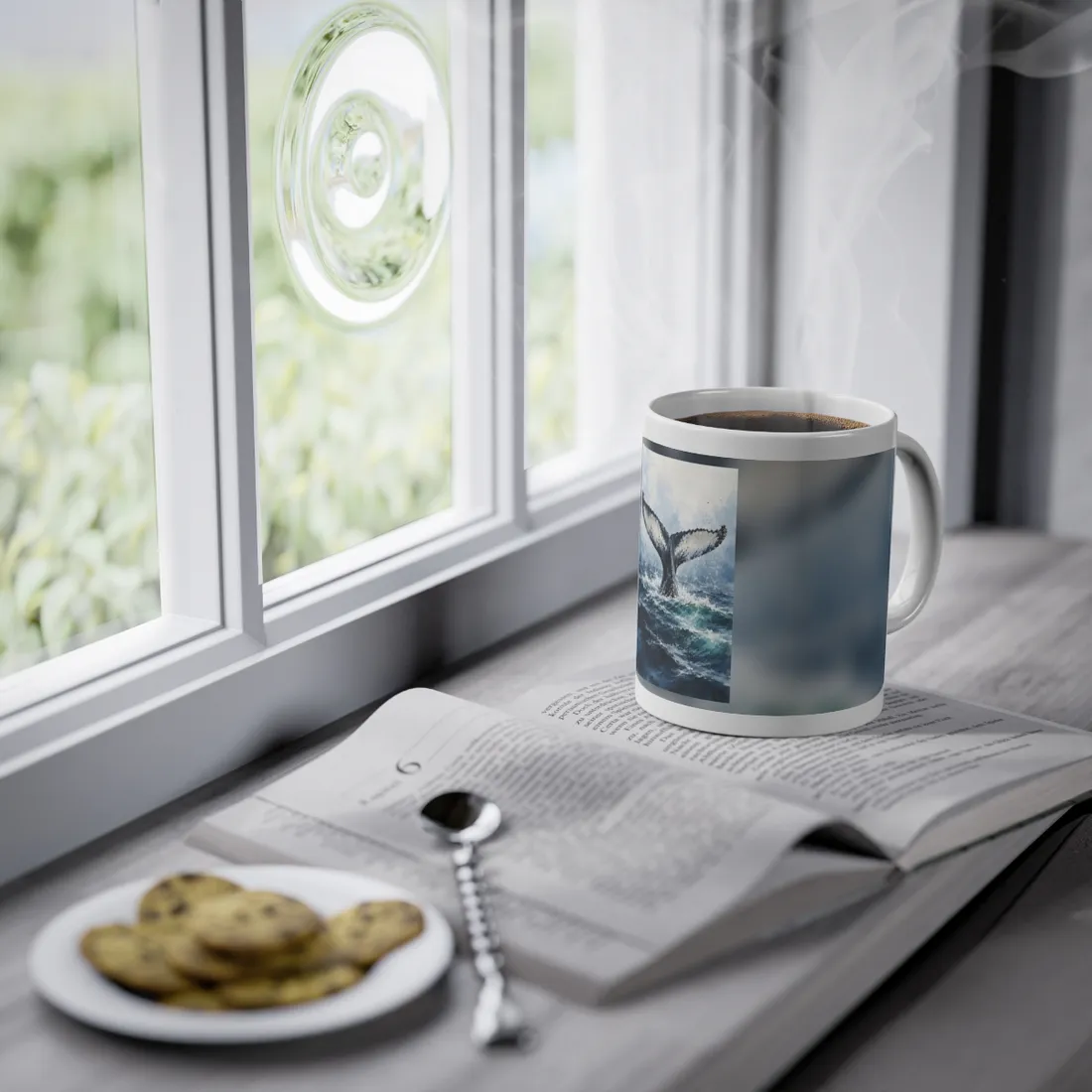 Watercolor painting of a whale tail rising above turquoise ocean waves, splashing spray – Mug, view 3