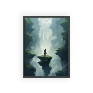 Floating Refuge: Lone Figure on an Island in the Mist Framed Poster