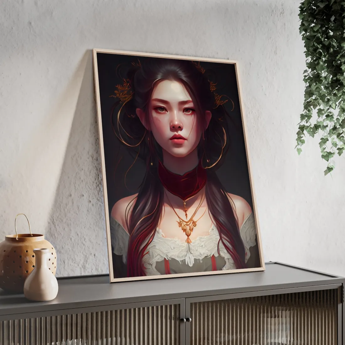 Intense Female Portrait: Brown Hair Beauty - Framed Poster