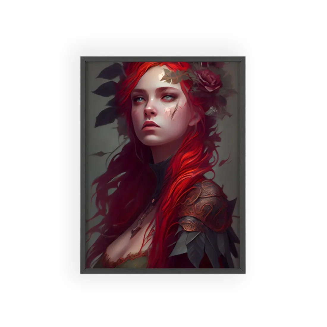 Intimate Red Hair Portrait: Artistic Female Figure in Black Dress - Framed Poster