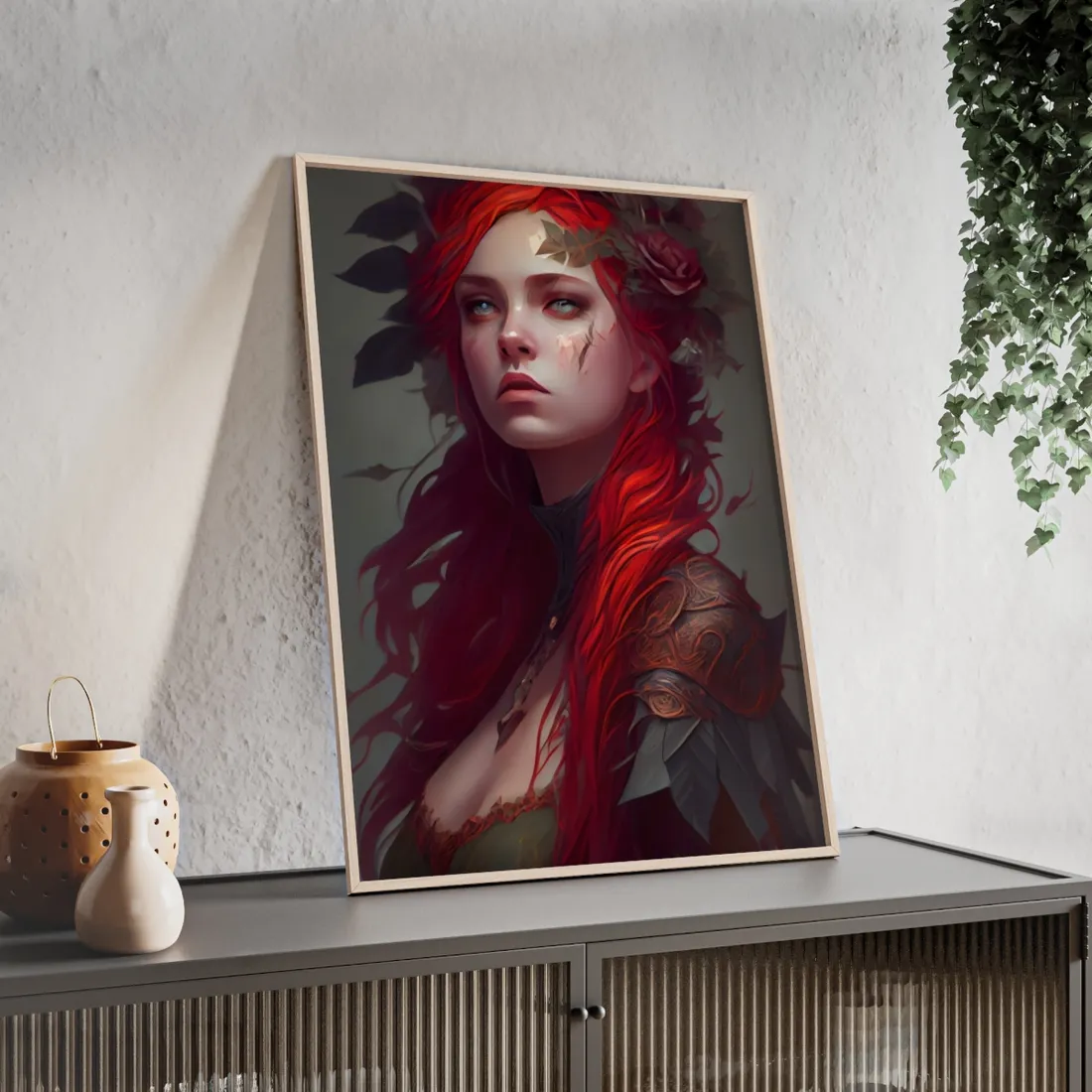 Intimate Red Hair Portrait: Artistic Female Figure in Black Dress - Framed Poster