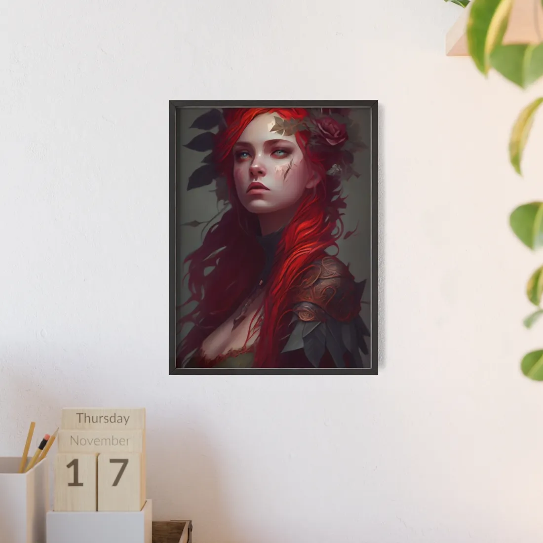 Intimate Red Hair Portrait: Artistic Female Figure in Black Dress - Framed Poster