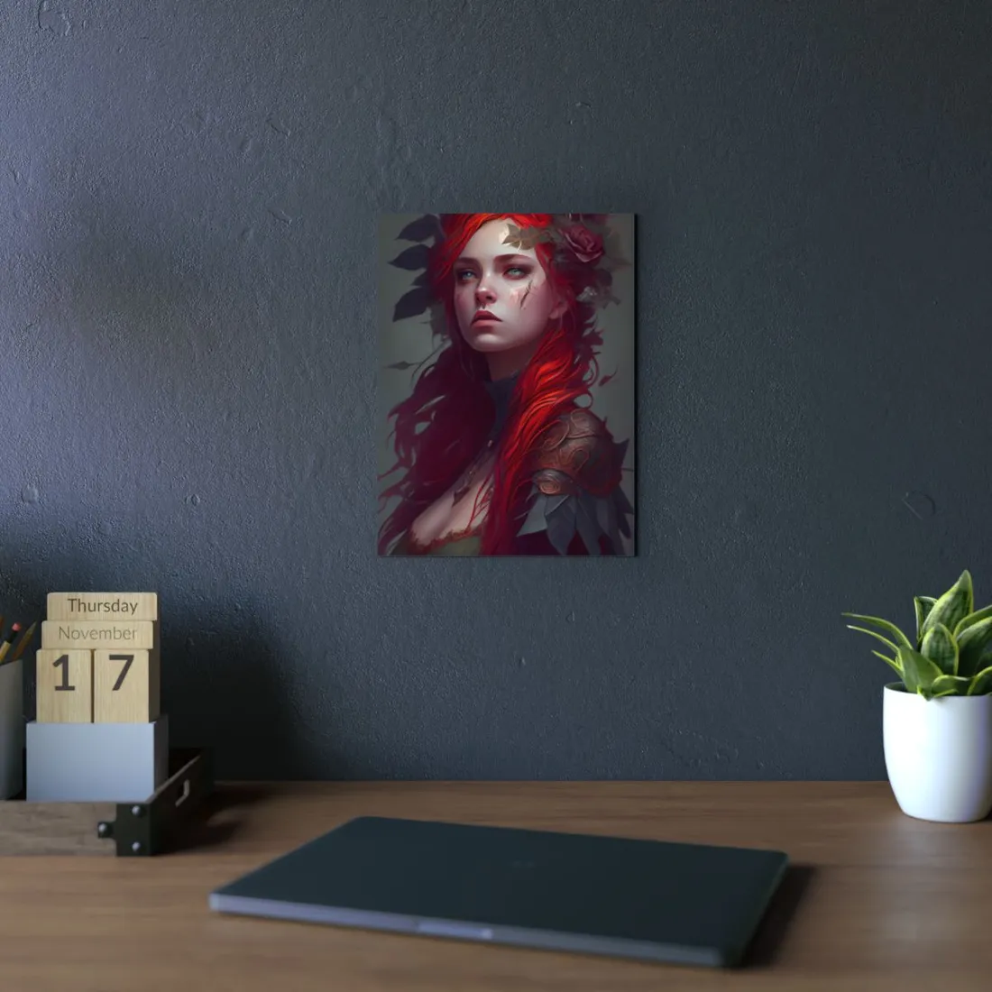 Intimate Red Hair Portrait: Artistic Female Figure in Black Dress - Metal Poster
