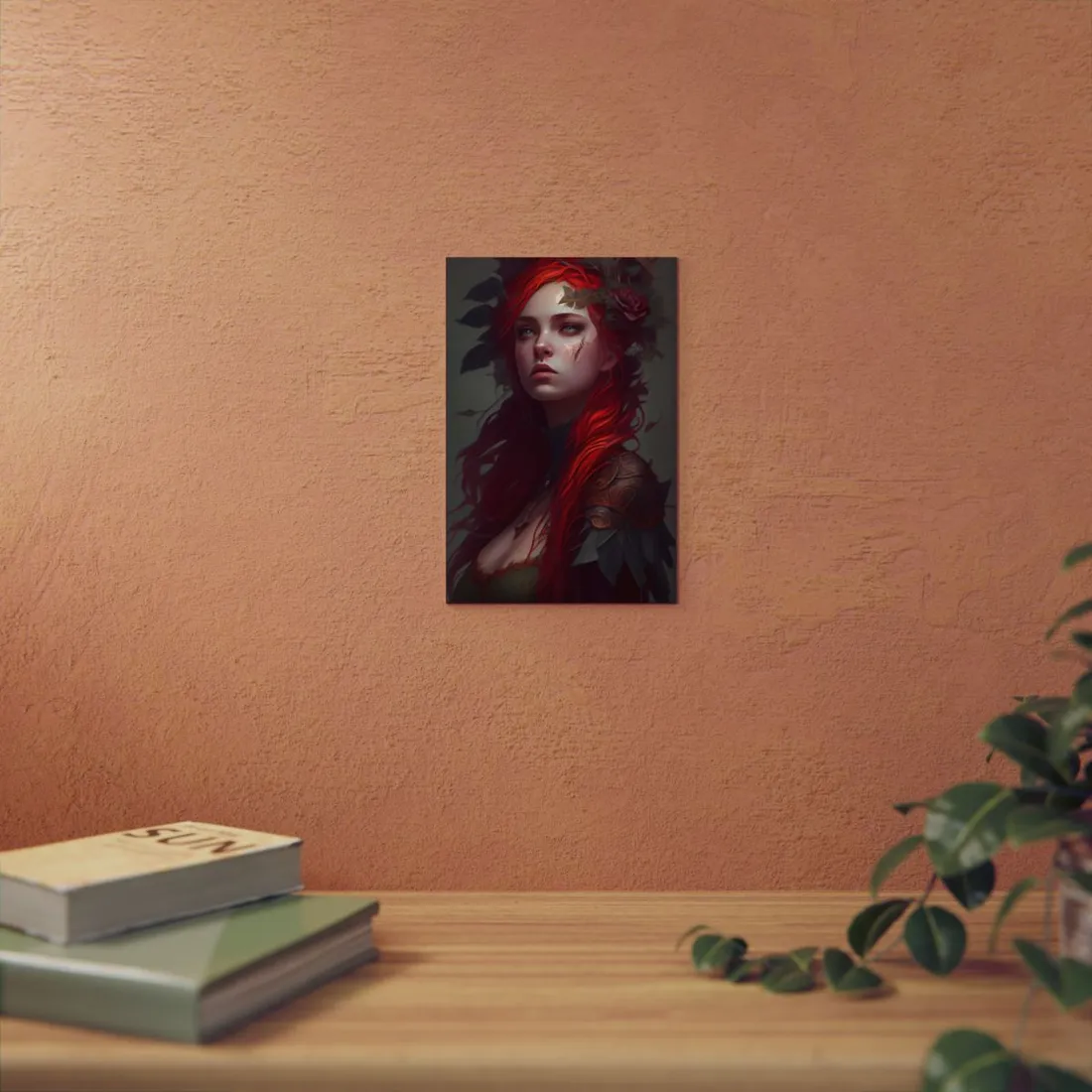 Intimate Red Hair Portrait: Artistic Female Figure in Black Dress - Metal Poster