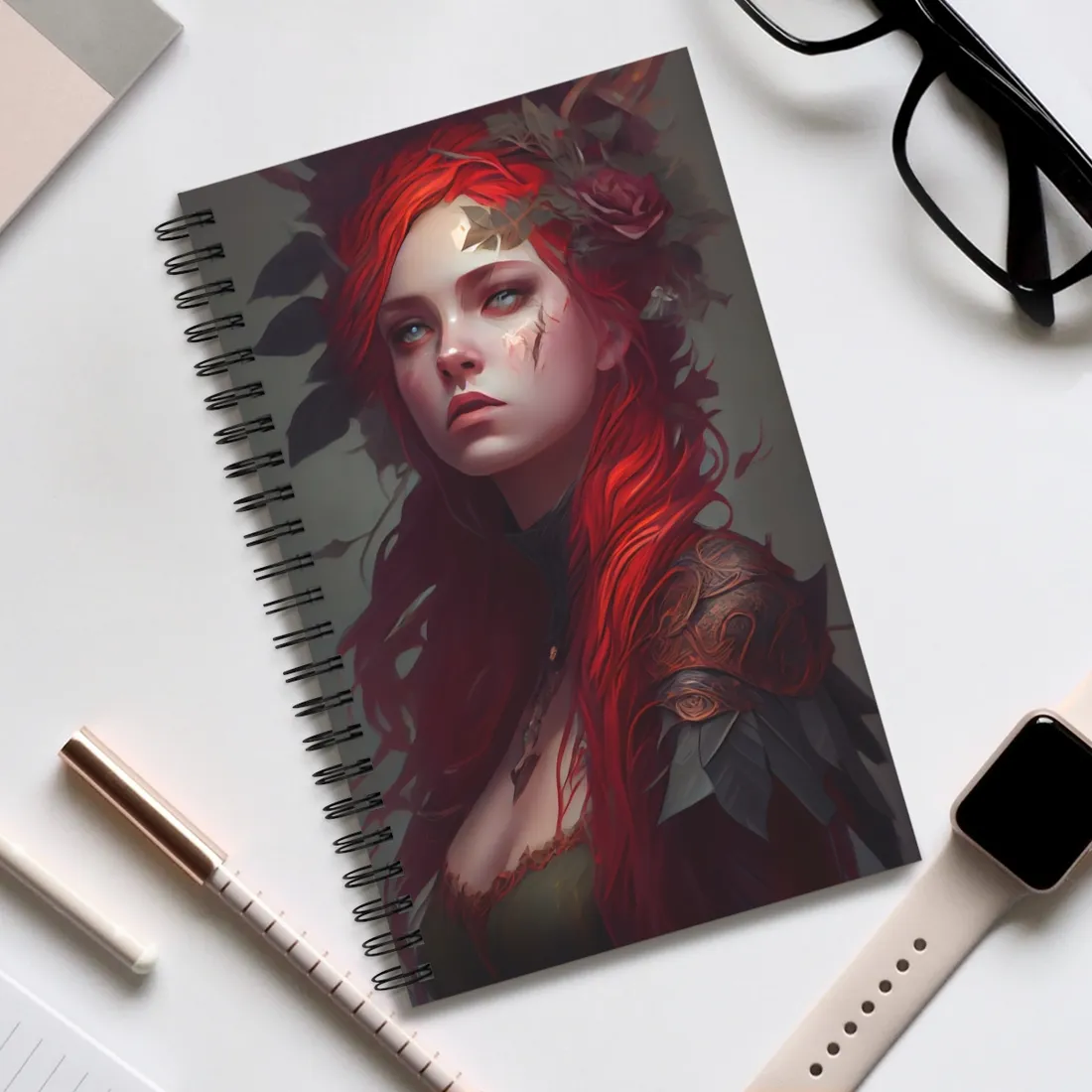 Intimate Red Hair Portrait: Artistic Female Figure in Black Dress - Spiral Notebook