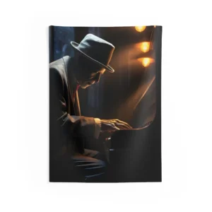 Lamplit Pianist in Shadow Wall Tapestry