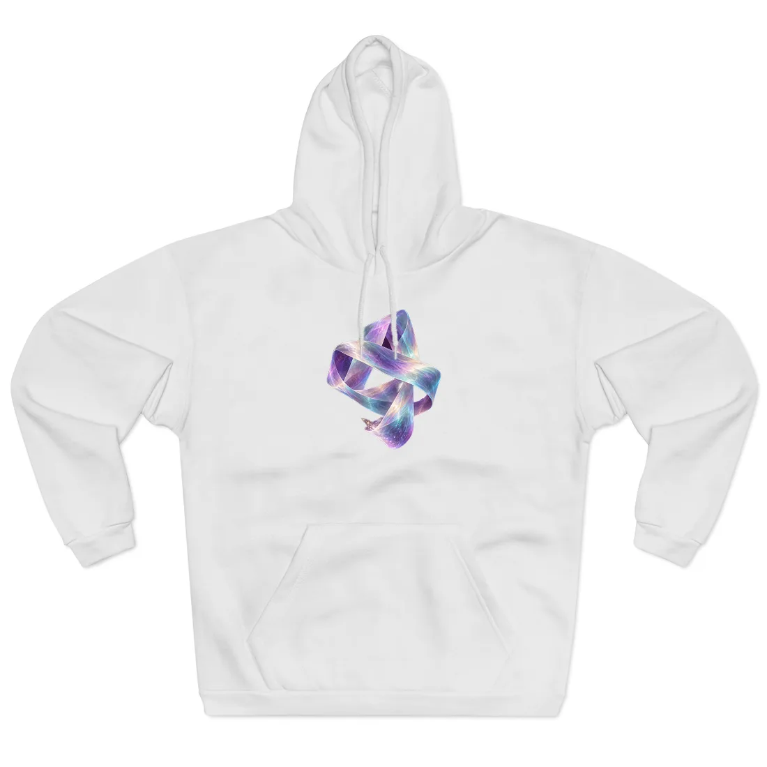 Iridescent ribbon loops twist over dark purple background, sparkling particles below – Hoodie, view 1