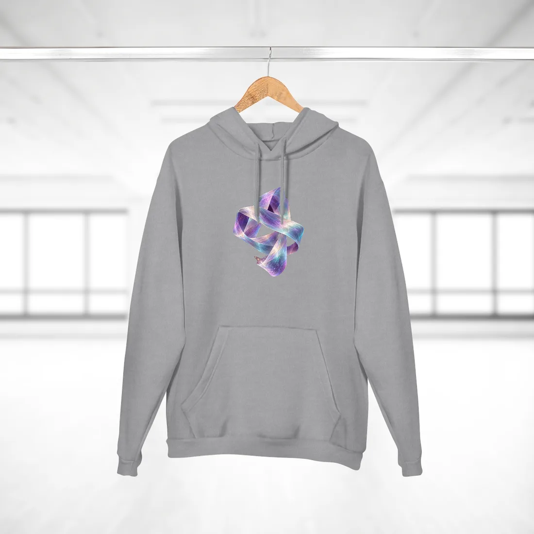 Iridescent ribbon loops twist over dark purple background, sparkling particles below – Hoodie, view 2