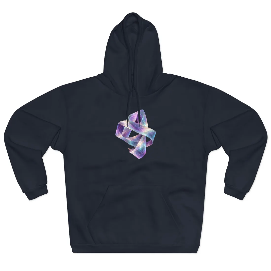 Iridescent ribbon loops twist over dark purple background, sparkling particles below – Hoodie, view 3
