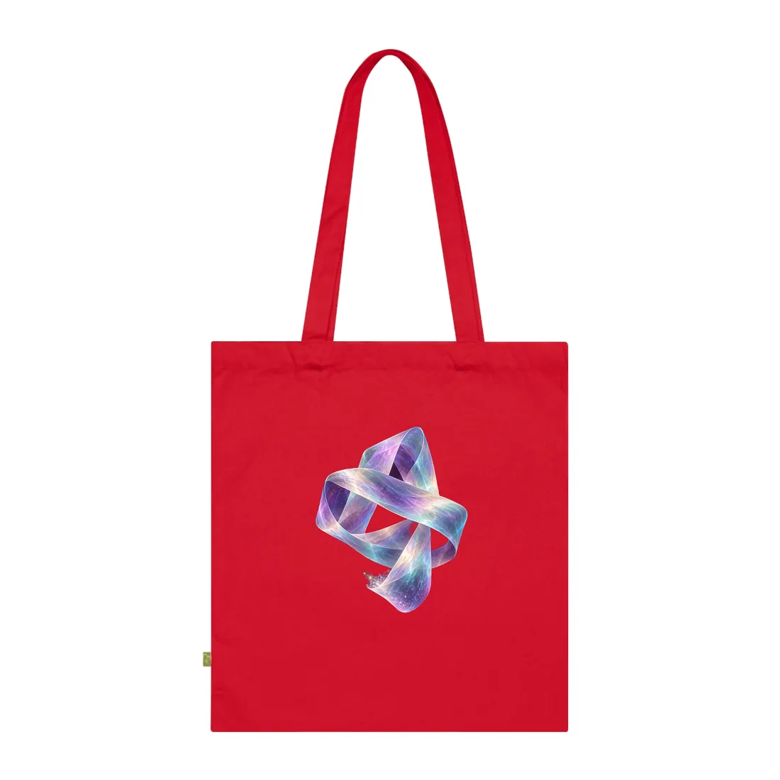 Iridescent ribbon loops twist over dark purple background, sparkling particles below – Tote Bag, view 1