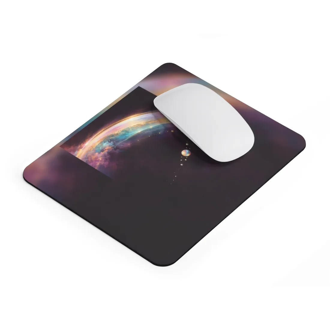 Iridescent spheres trace a curved orbit beneath a glowing gold and teal nebula – Mouse Pad, view 2