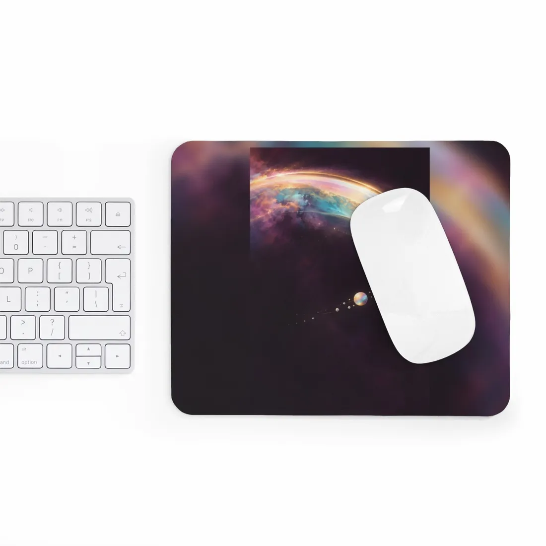 Iridescent spheres trace a curved orbit beneath a glowing gold and teal nebula – Mouse Pad, view 3
