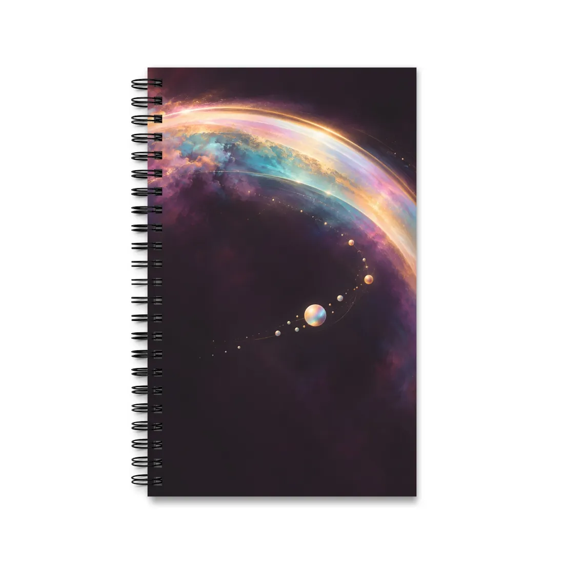 Iridescent spheres trace a curved orbit beneath a glowing gold and teal nebula – Spiral Notebook, view 1