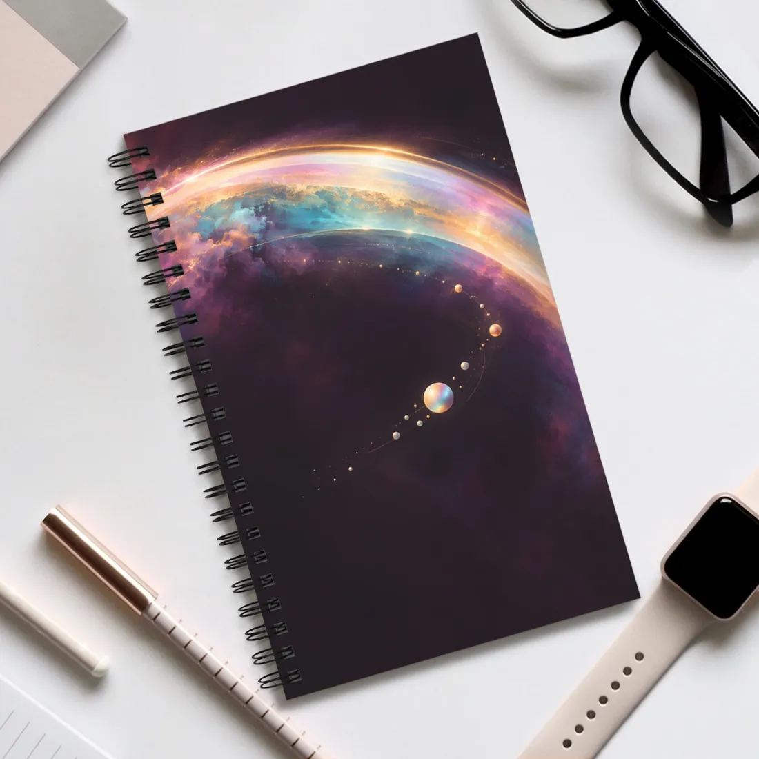 Iridescent spheres trace a curved orbit beneath a glowing gold and teal nebula – Spiral Notebook, view 2
